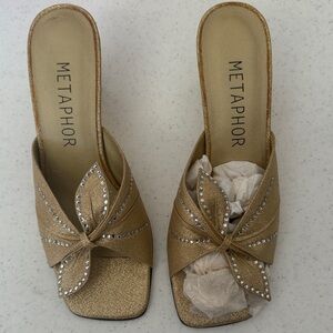 Metaphor Glittering Gold Mules with Rhinestones